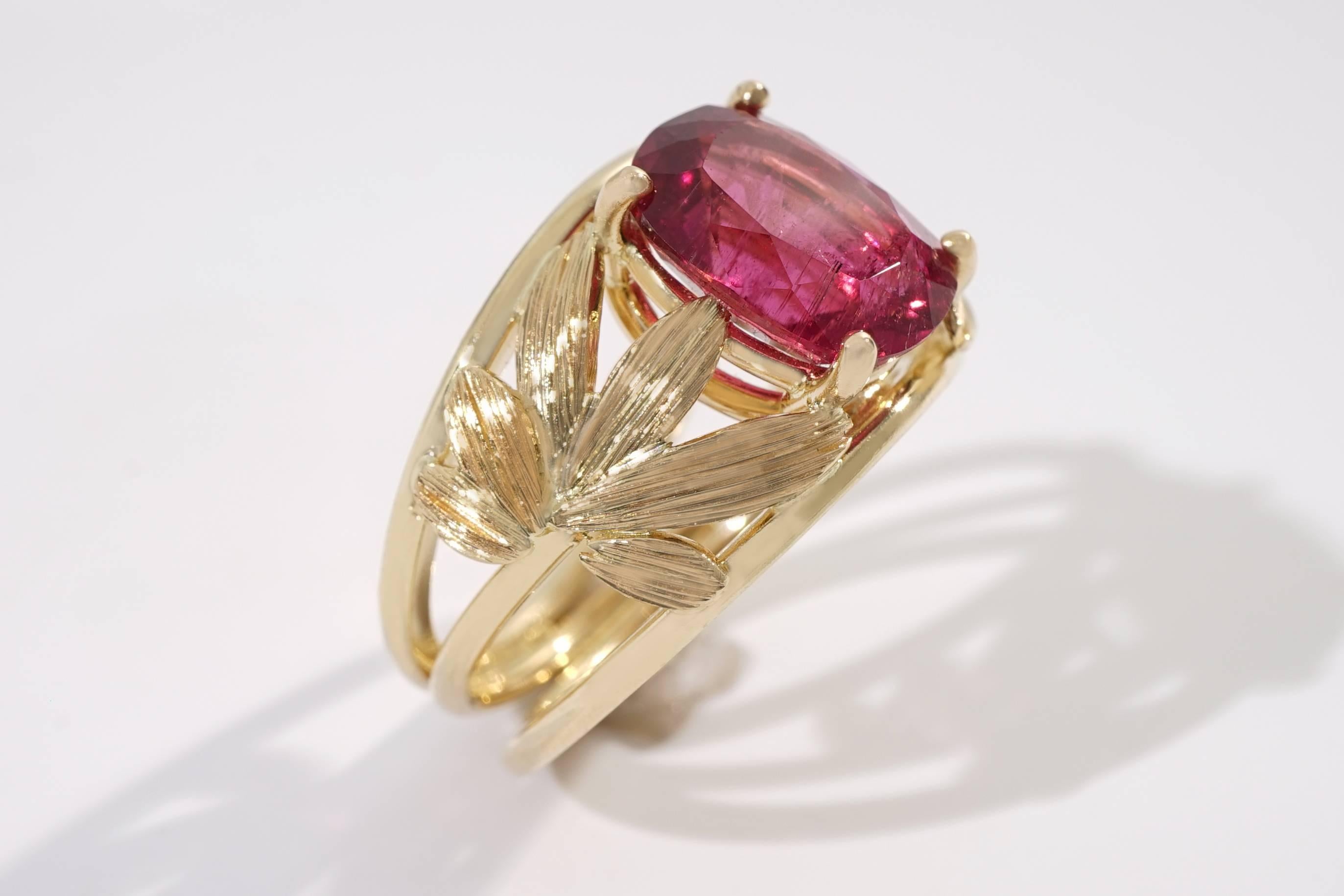 Oval Cut Coralie Van Caloen Yellow Gold 18 Carat Palm Leaves And Pink Rubellite Band Ring