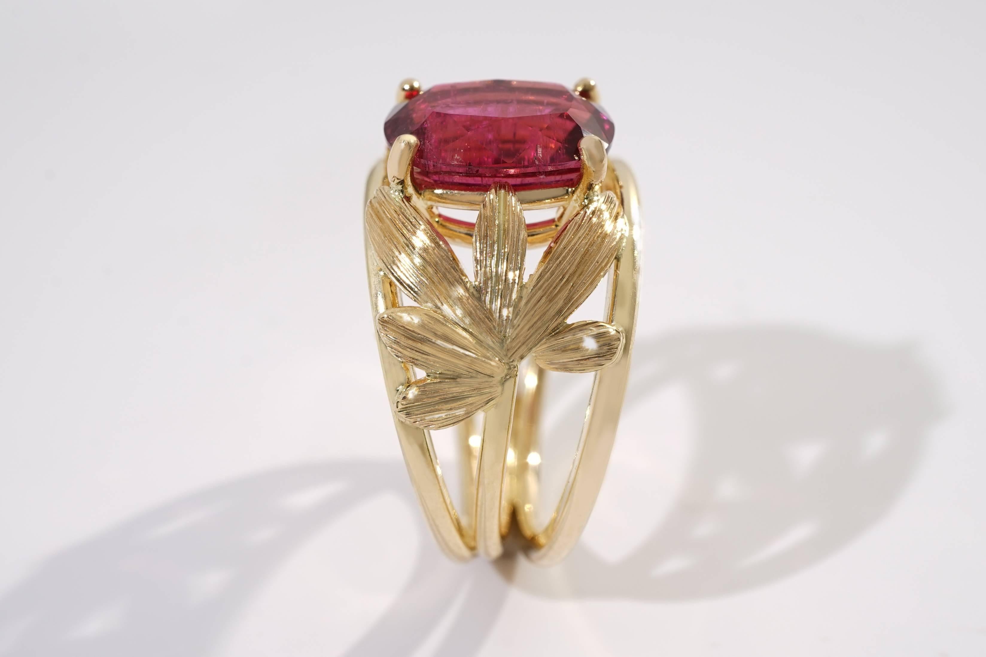 Coralie Van Caloen Yellow Gold 18 Carat Palm Leaves And Pink Rubellite Band Ring 1