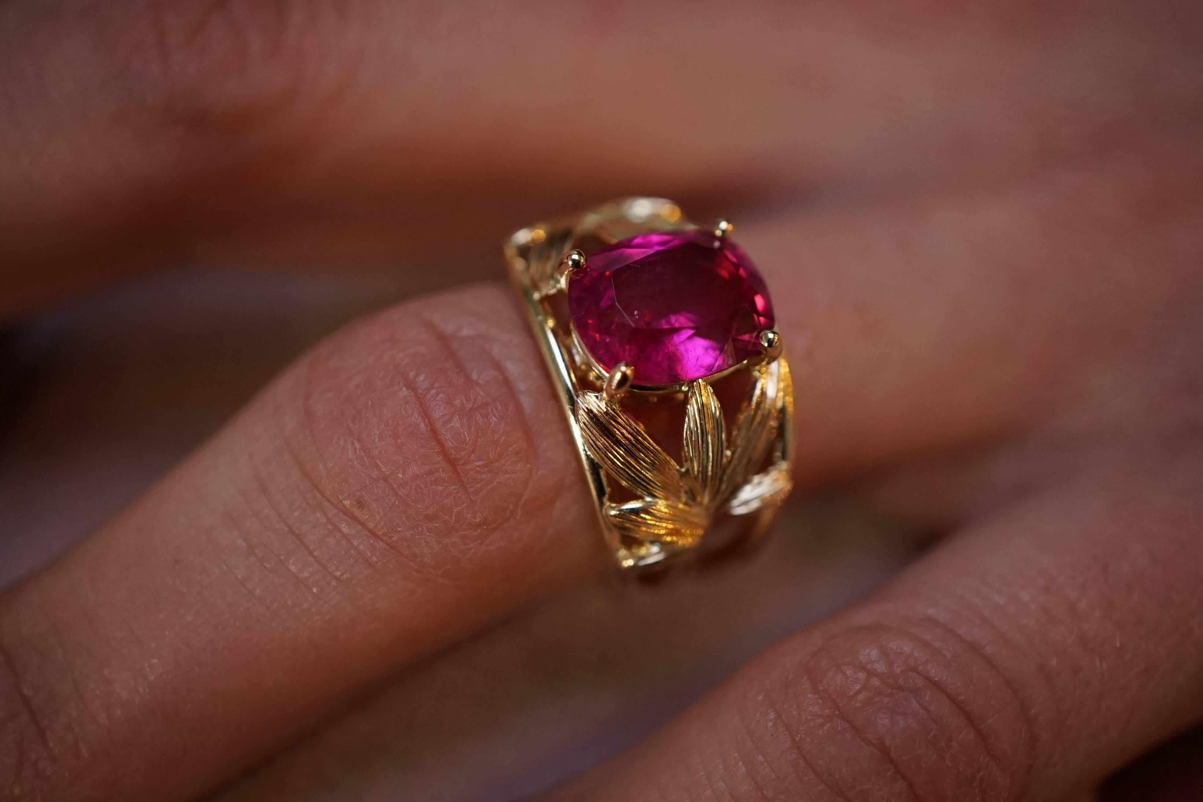 Coralie Van Caloen Yellow Gold 18 Carat Palm Leaves And Pink Rubellite Band Ring 2
