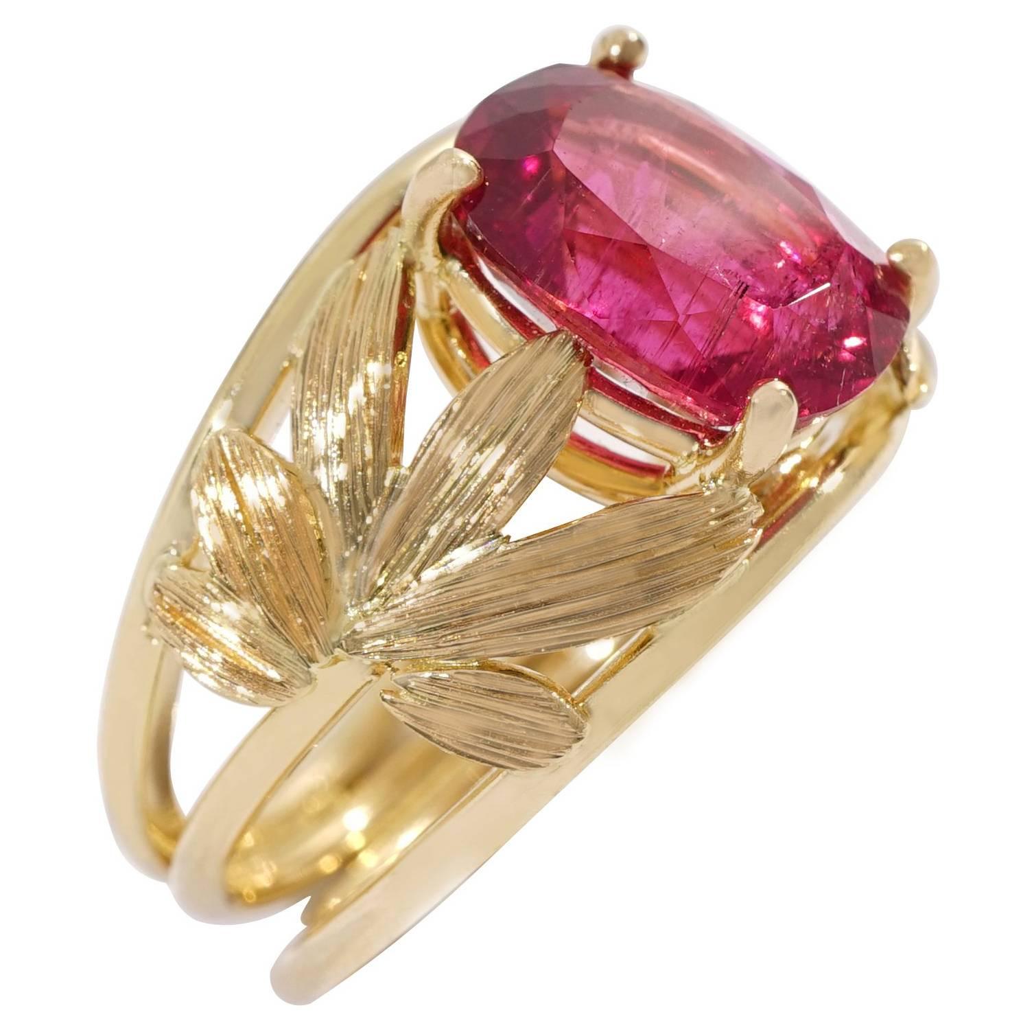 Coralie Van Caloen Yellow Gold 18 Carat Palm Leaves And Pink Rubellite Band Ring