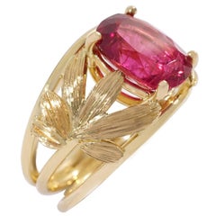 Coralie Van Caloen Yellow Gold 18 Carat Palm Leaves And Pink Rubellite Band Ring