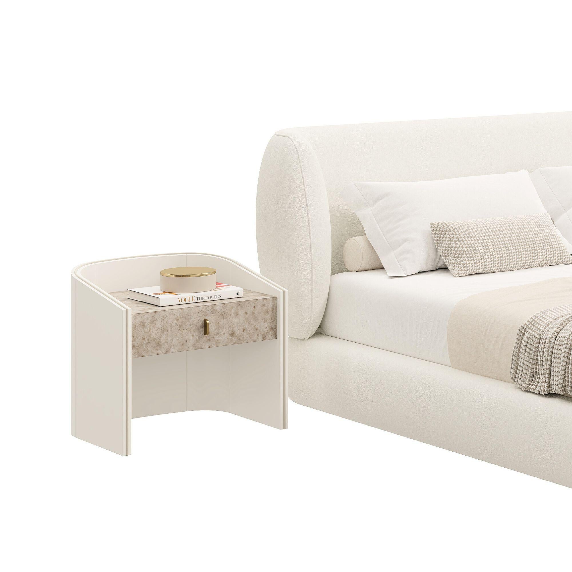 CORALINA II Nachttisch, Lackiert und Rebhuhnauge Weiß Furnier (Portugiesisch) im Angebot