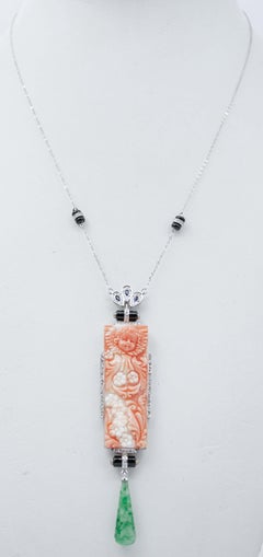 Collar Colgante Coral, Jade, Onix, Zafiros, Diamantes, Platino