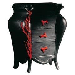 CORALLINO Black Bedside Table with Three Drawers and Carved Red Coral