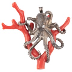 Corallium Rubrum Diamond Silver Octopus Brooch / Pendant