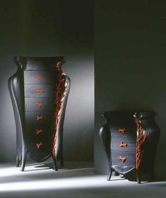 CORALLO Black Chest of Six Drawers with Carved Red Coral