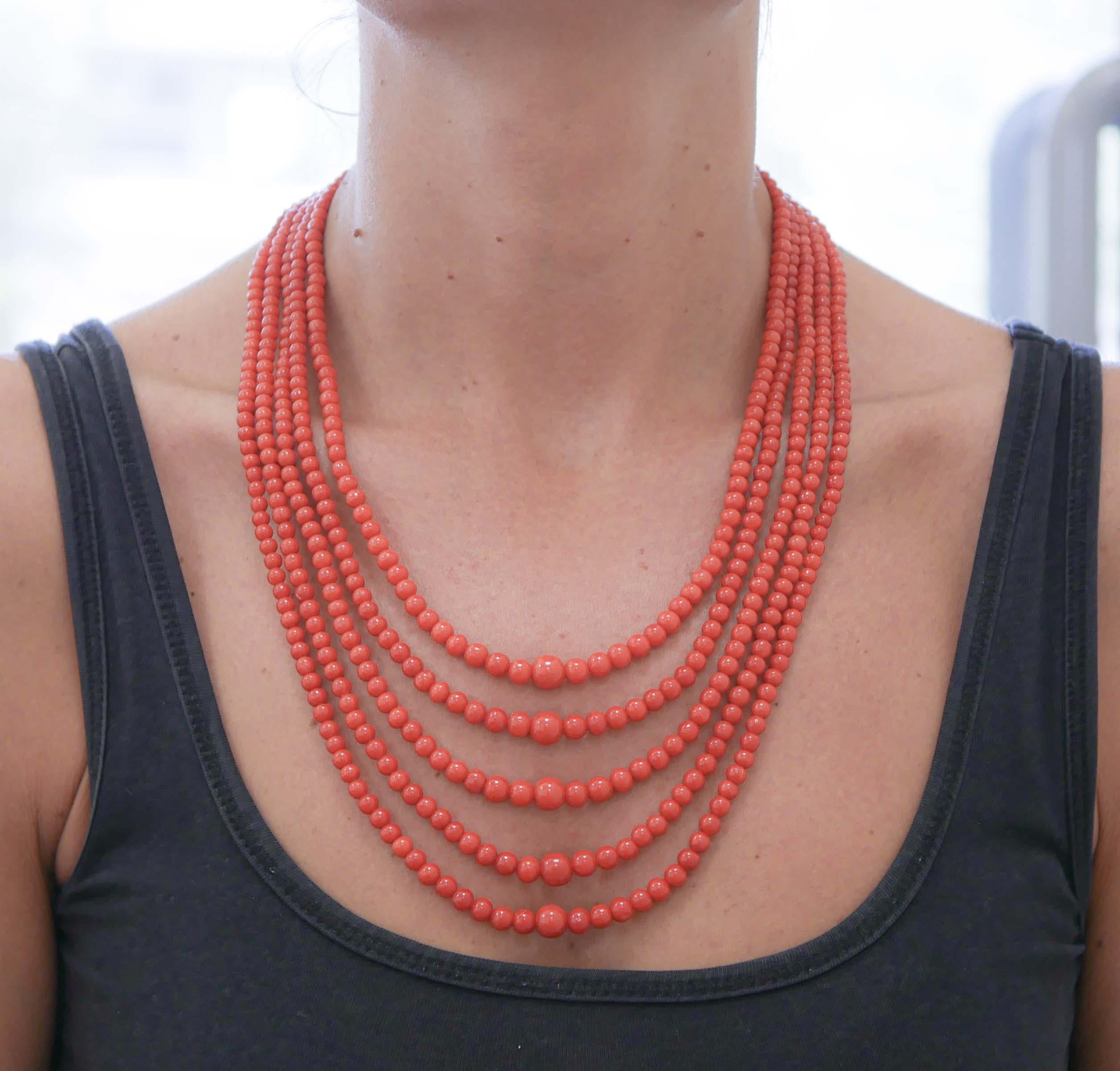 Round Cut Coral, Multi-Strands Necklace For Sale