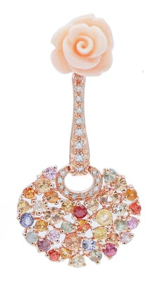 Coral, Multicolor Sapphires, Diamonds, 14 Karat Rose Gold Dangle Earrings