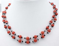 Coral, Onyx, Diamonds, 9 Karat White Gold Multi-Strands Necklace