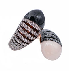 Coral, Onyx, Diamonds, 18 Karat White and Rose Gold Ring