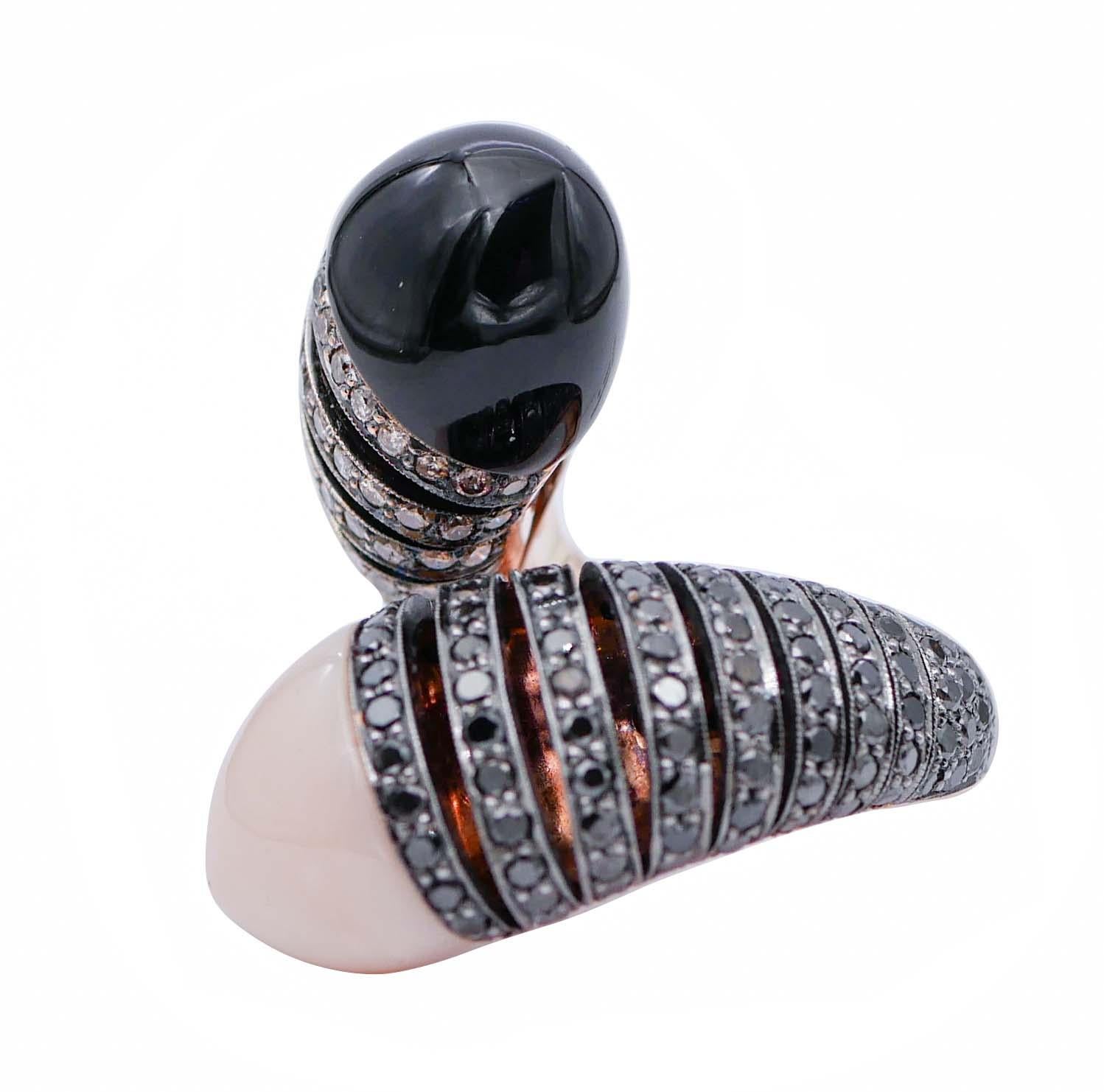 Retro Coral, Onyx, Diamonds, 18 Karat White and Rose Gold Ring For Sale