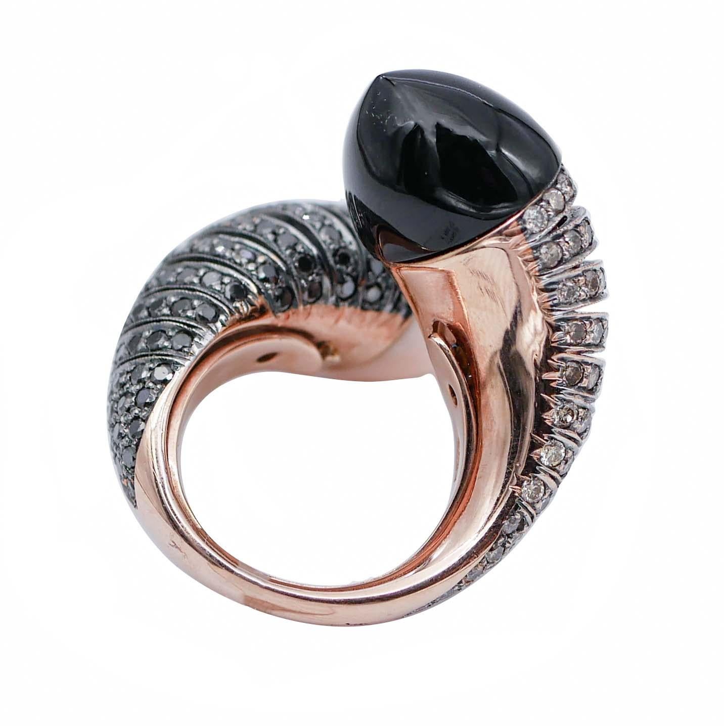 Mixed Cut Coral, Onyx, Diamonds, 18 Karat White and Rose Gold Ring For Sale