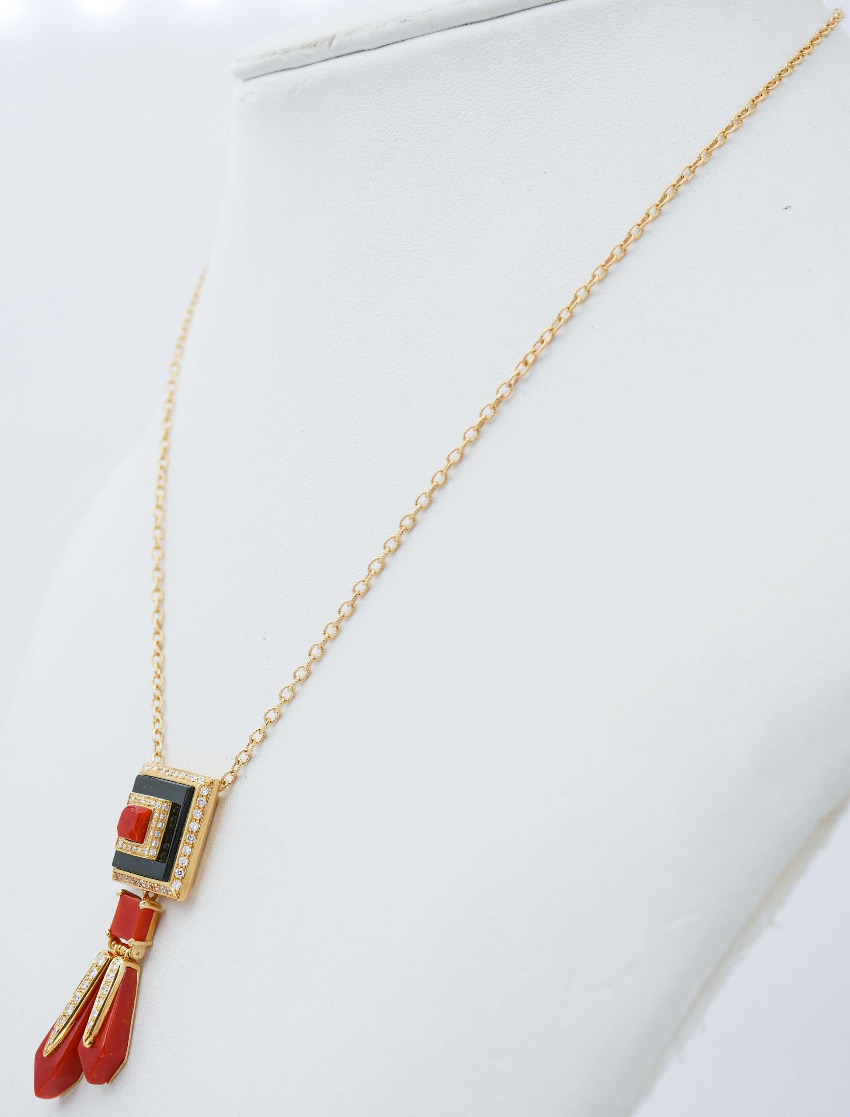 Retro Coral, Onyx, Diamonds, 18 Karat Yellow Gold Pendant Necklace For Sale