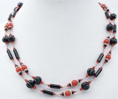 Coral, Onyx, Diamonds, 9 Karat White Gold Multi-Strands Necklace