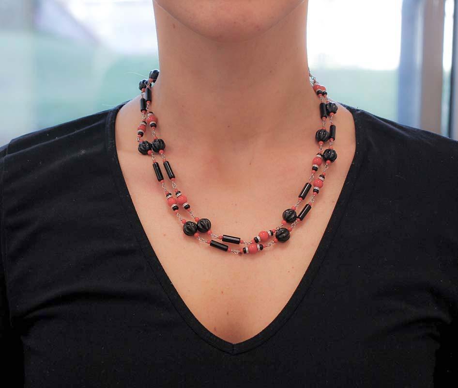 Retro Coral, Onyx, Diamonds, 9 Karat White Gold Multi-Strands Necklace