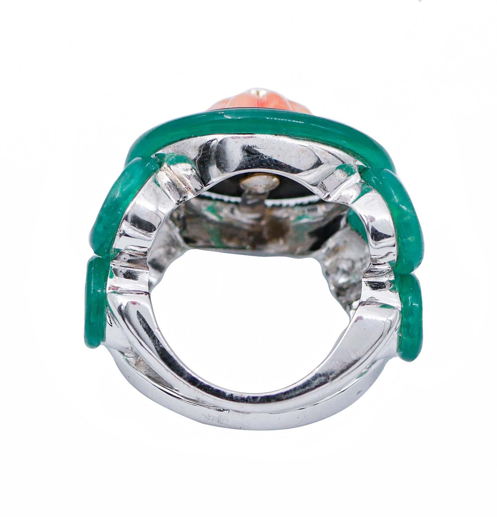 Retro Coral, Onyx, Green Agate, Diamonds, 14 Karat White Gold Ring For Sale