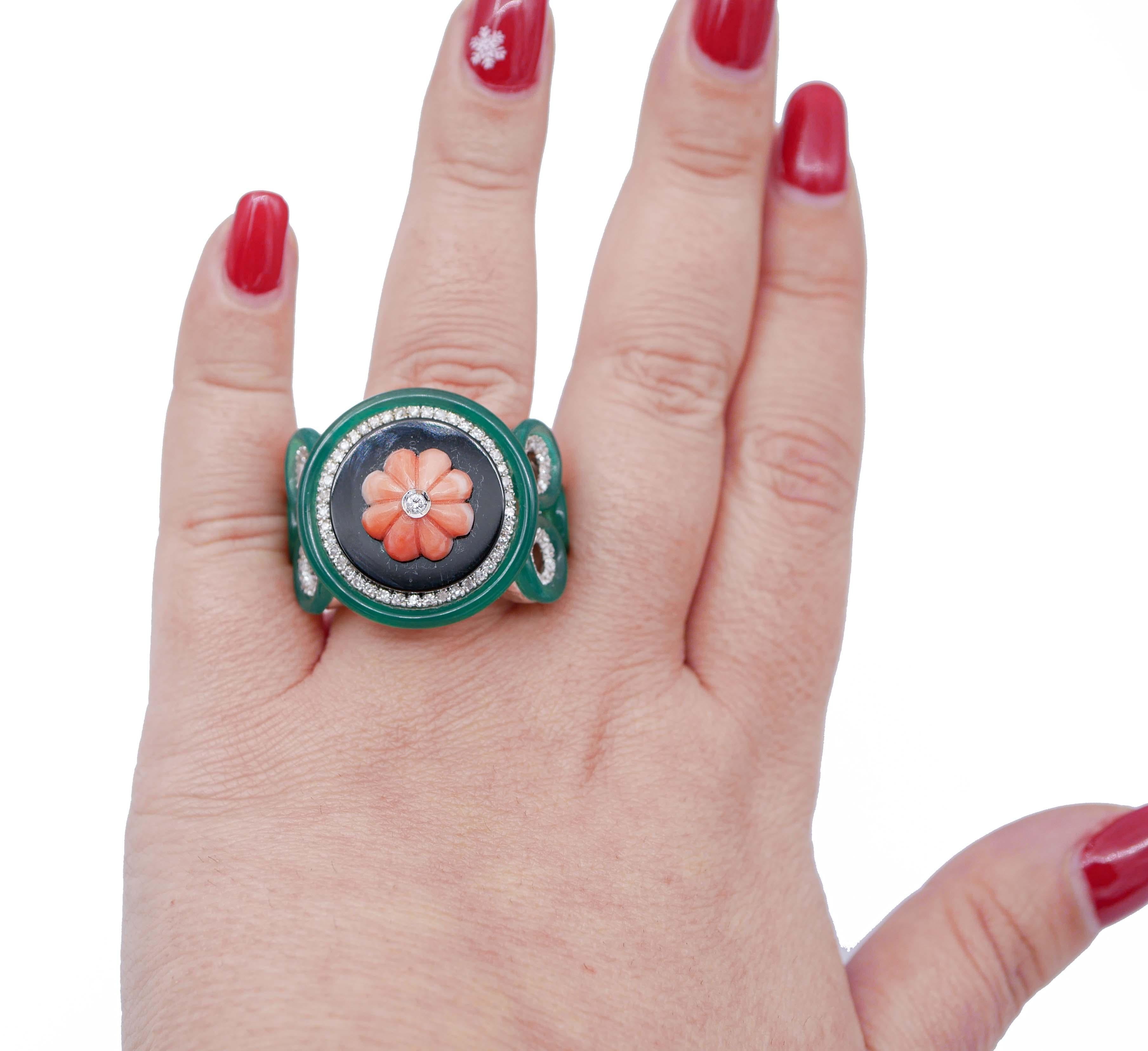 Mixed Cut Coral, Onyx, Green Agate, Diamonds, 14 Karat White Gold Ring For Sale