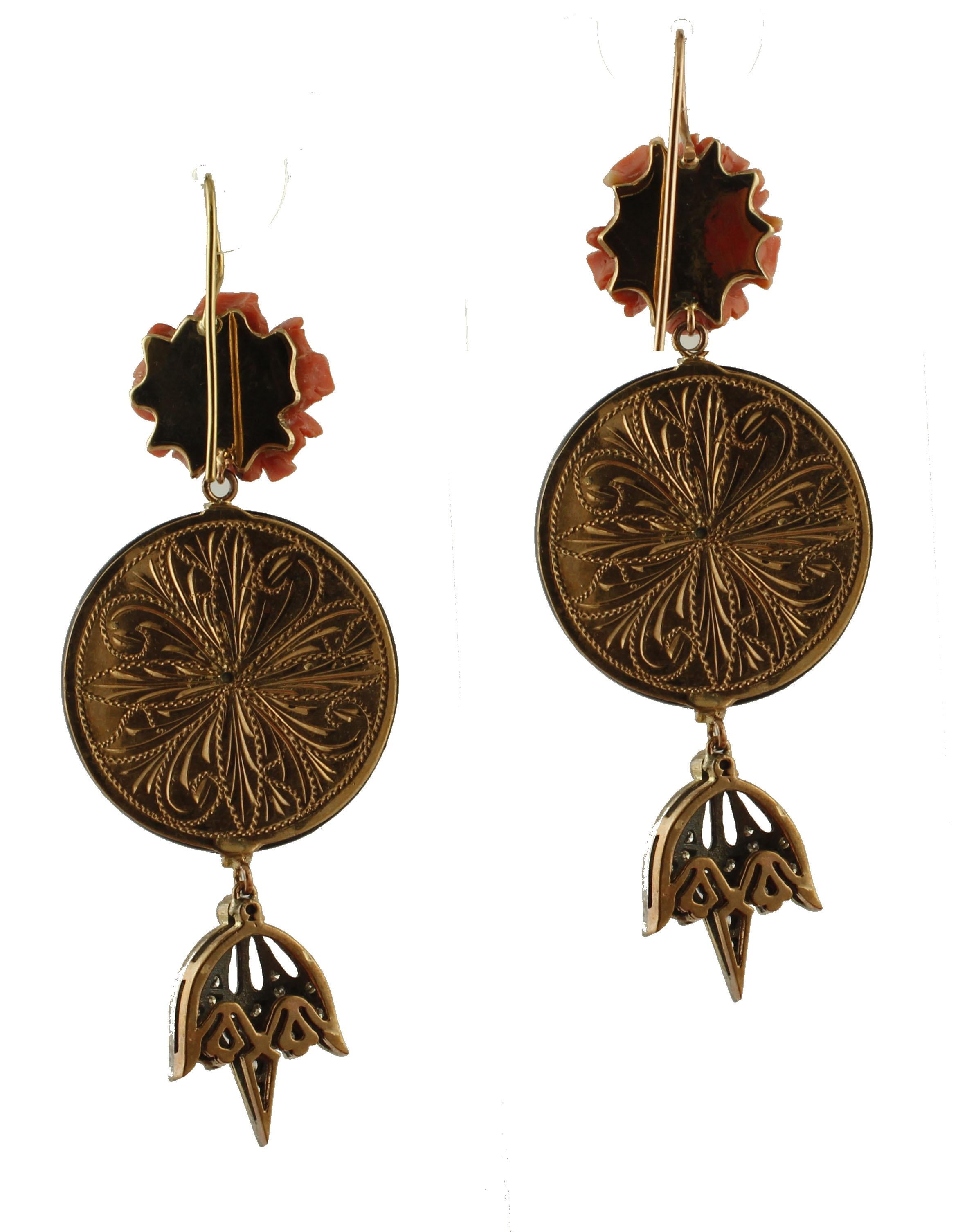 Retro Coral Mother of Pearl Flowers, Onyx, Diamonds, Emeralds, Pearl, Gold Silver Earrings