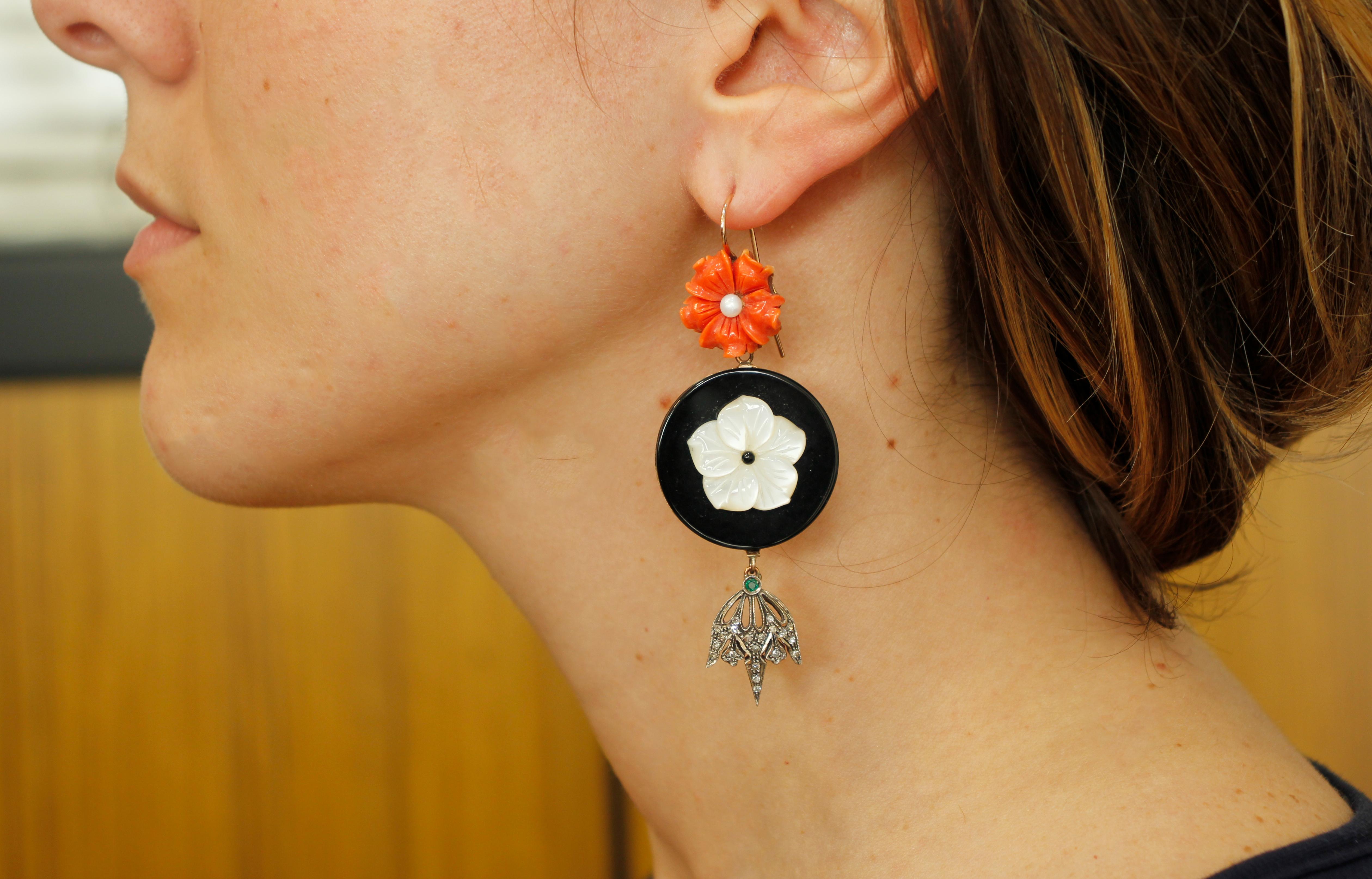 Women's Coral Mother of Pearl Flowers, Onyx, Diamonds, Emeralds, Pearl, Gold Silver Earrings
