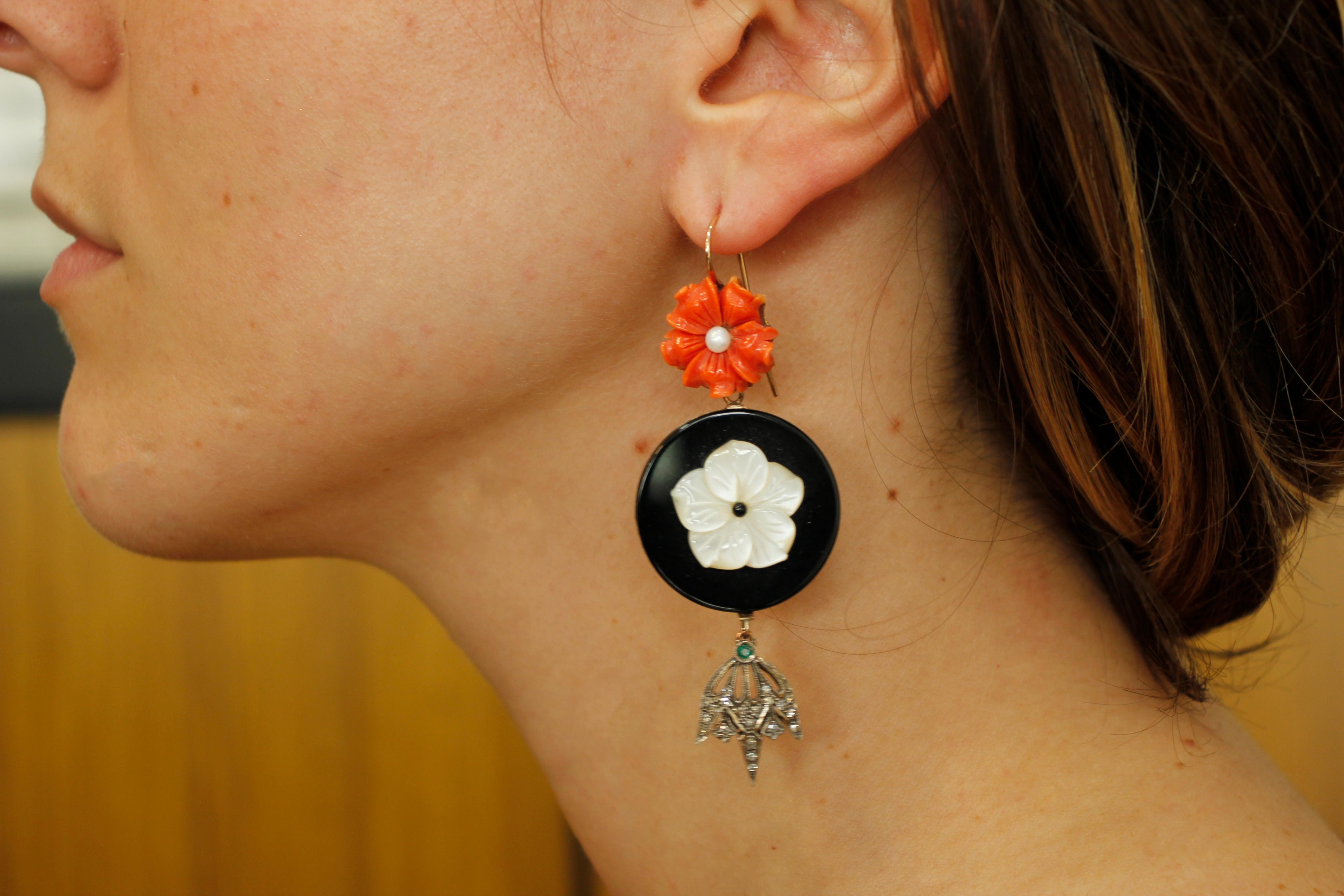 Coral Mother of Pearl Flowers, Onyx, Diamonds, Emeralds, Pearl, Gold Silver Earrings 1