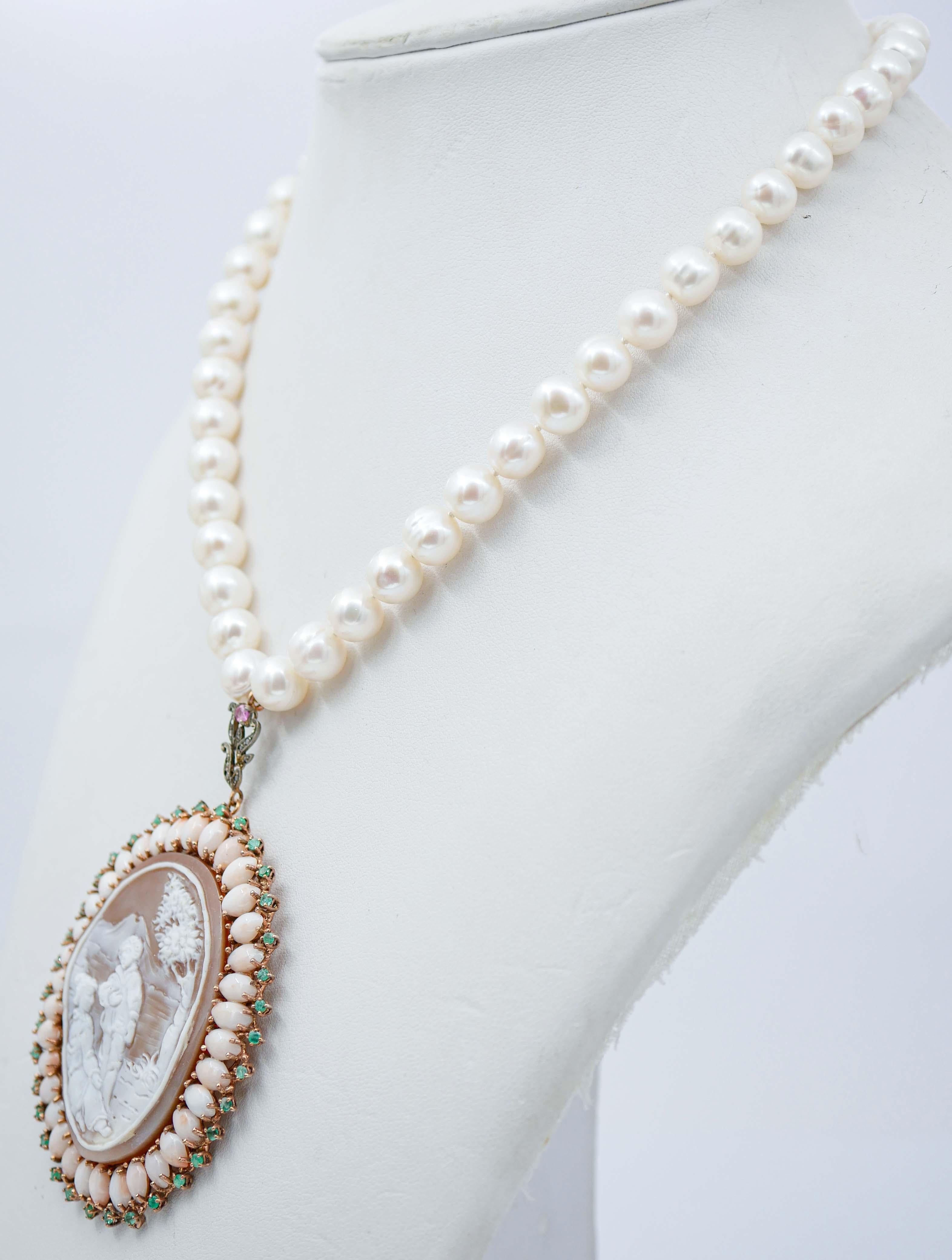 Retro Coral, Pearls, Diamonds, Rubies, Emeralds, Cameo, Rose Gold and Silver Necklace