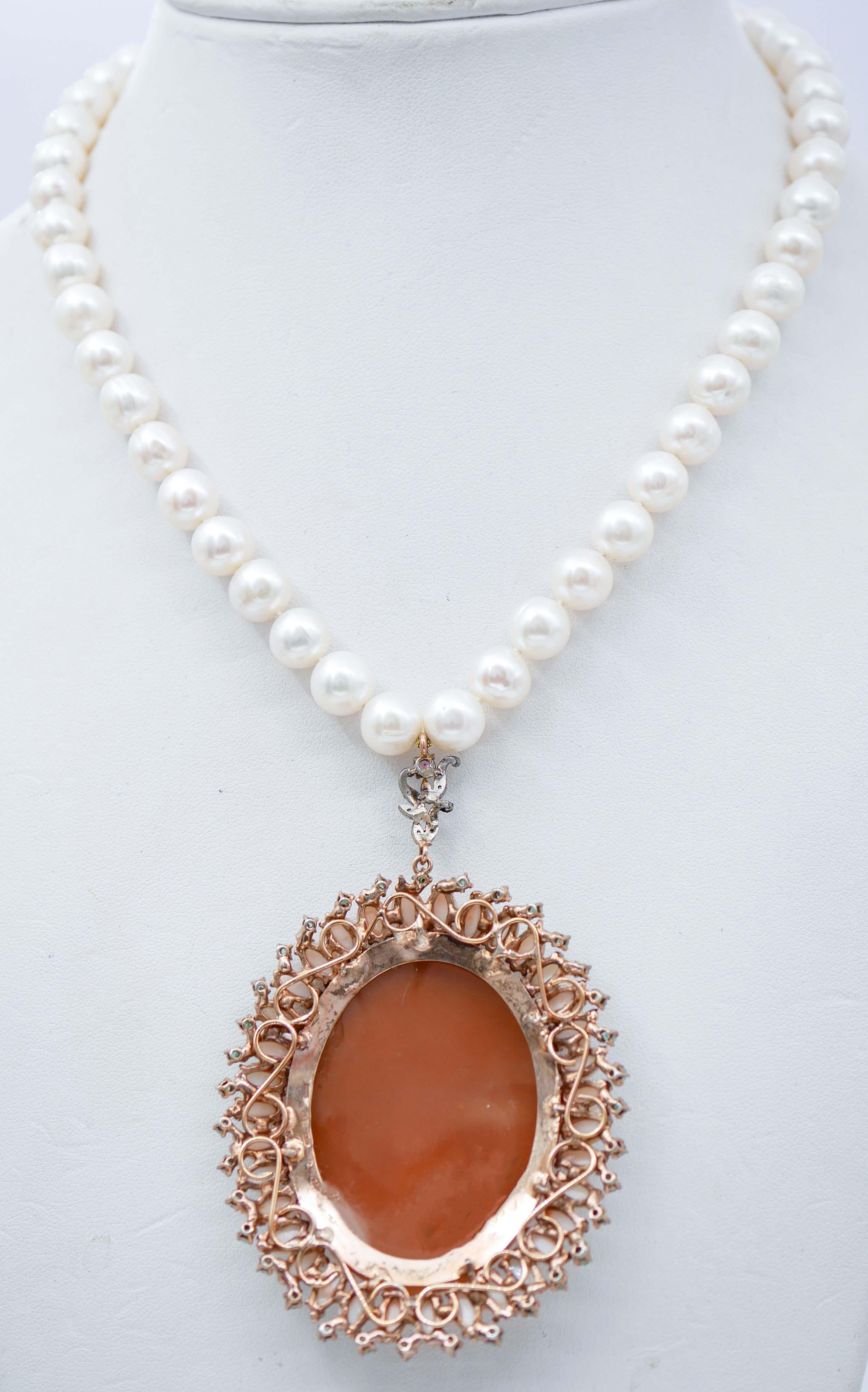 Mixed Cut Coral, Pearls, Diamonds, Rubies, Emeralds, Cameo, Rose Gold and Silver Necklace For Sale