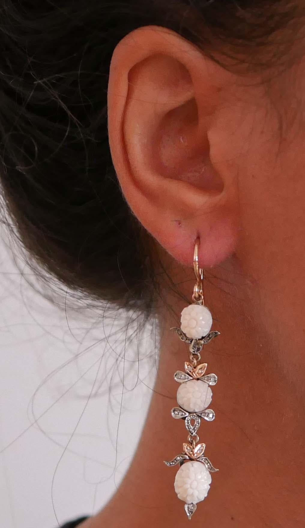 Corals, Diamonds, Rose Gold and Silver Retrò Earrings. In Good Condition For Sale In Marcianise, Marcianise (CE)