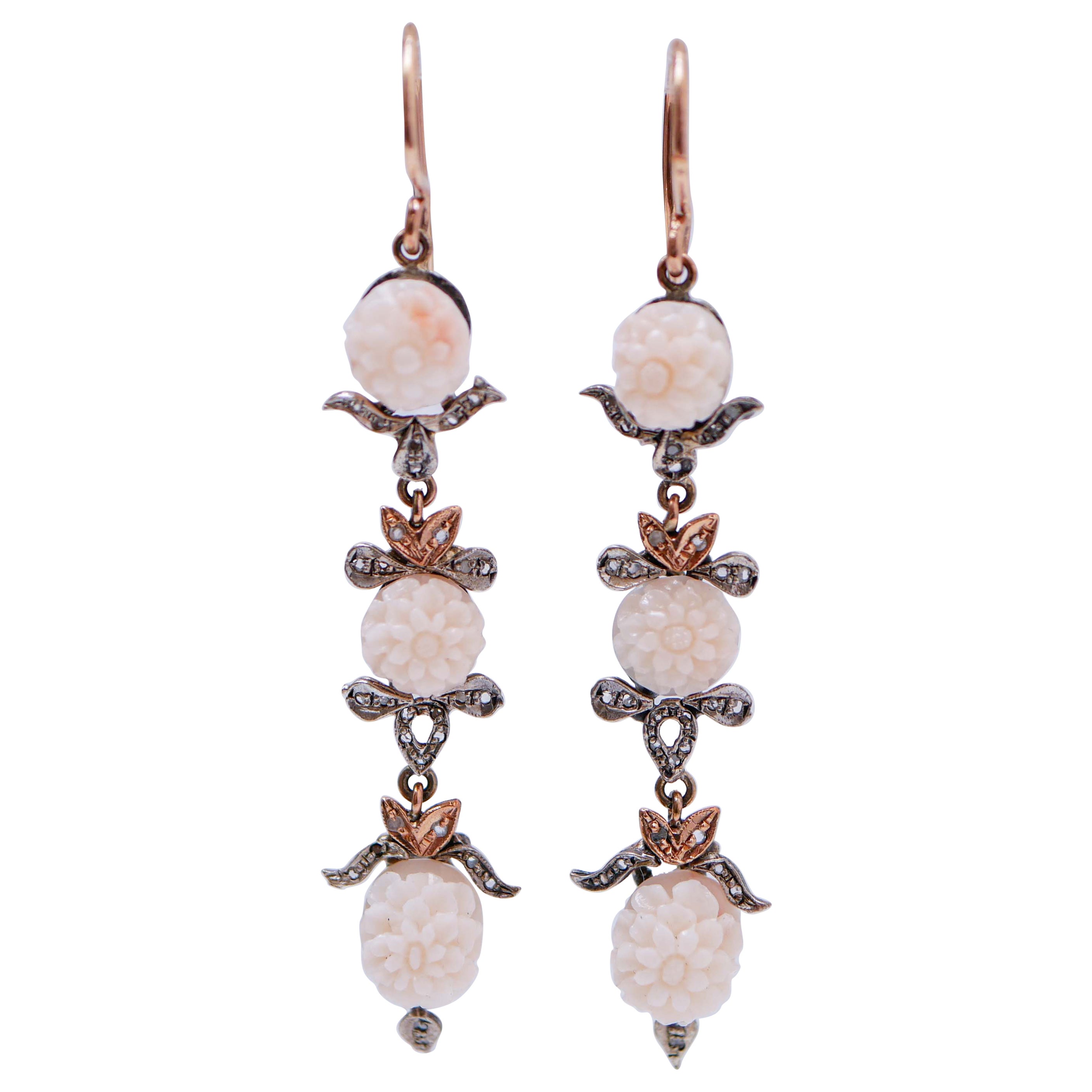 Coraux, diamants, boucles d'oreilles en or rose et argent Retrò.