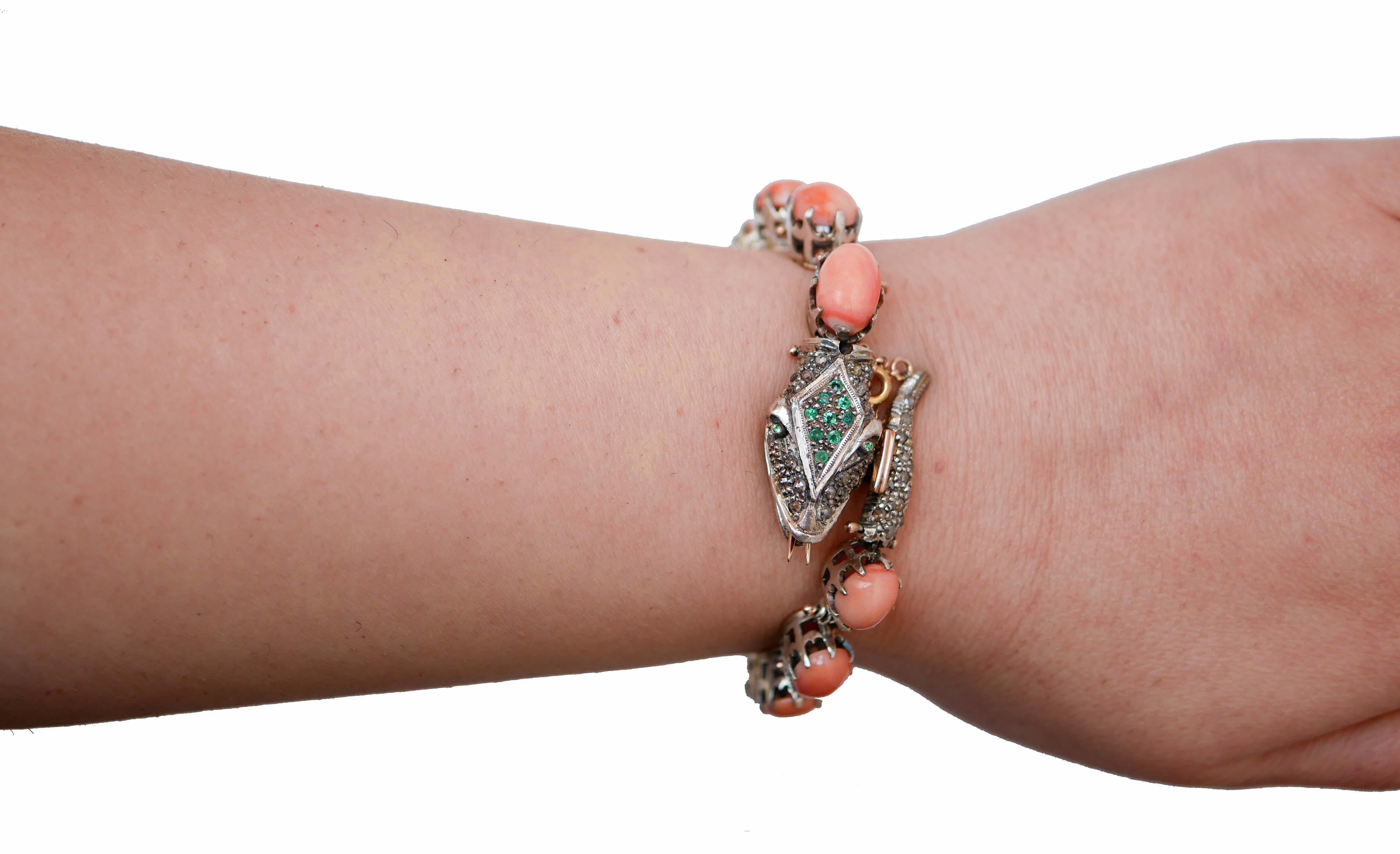 Mixed Cut Corals, Emeralds, Tsavorite, Diamonds, Rose Gold and Silver Snake Bracelet For Sale