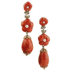 Corals Pearls Diamonds Rose Gold and Silver Earrings