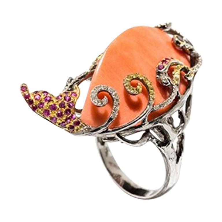 Corals, Rubies and Sapphires Ring, 18 Karat Gold