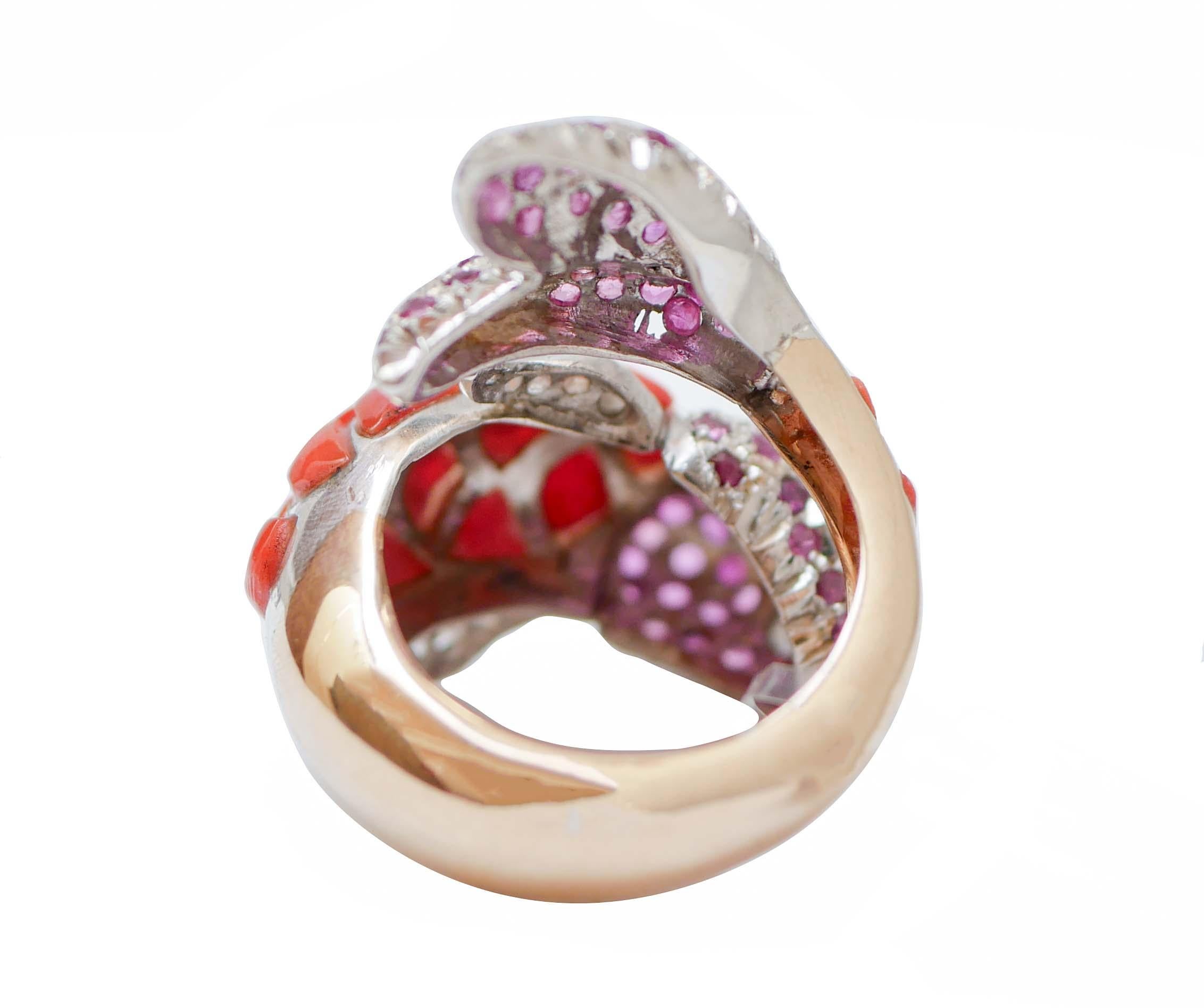 Retro Corals, Rubies, Diamonds, Rose Gold and Silver Fish Shape Ring. For Sale