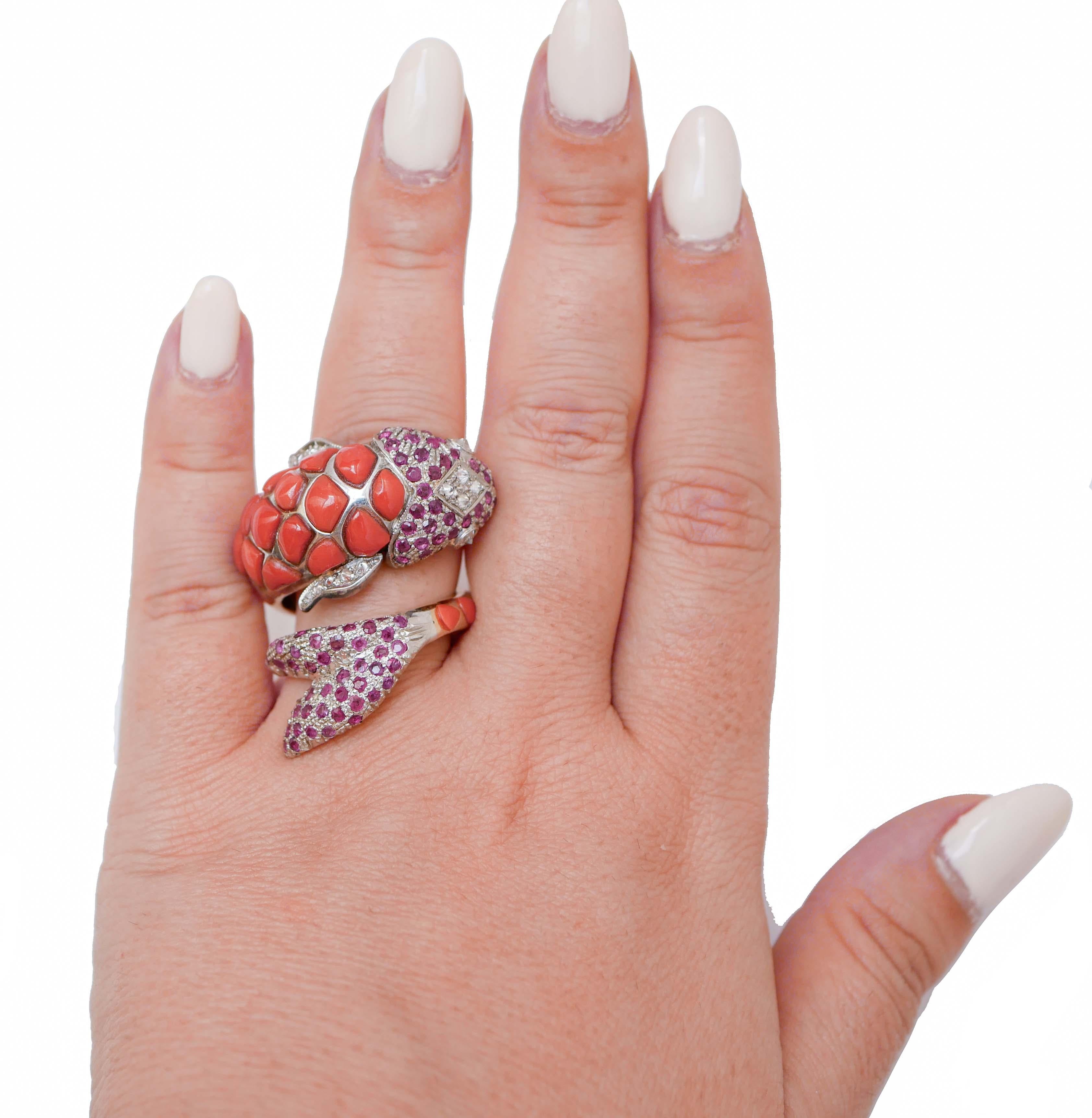 Mixed Cut Corals, Rubies, Diamonds, Rose Gold and Silver Fish Shape Ring. For Sale