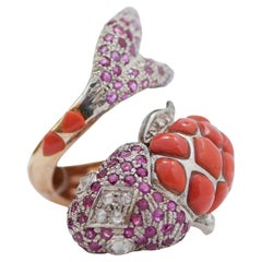 Corals, Rubies, Diamonds, Rose Gold and Silver Fish Shape Ring.