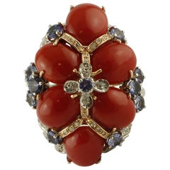 Vintage Corals, Tanzanite, Diamonds 14 Karat White and Rose Gold Ring