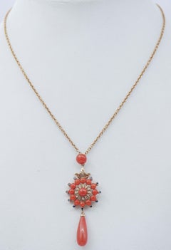 Coral, Sapphires, Diamonds, 14 Karat Rose Gold Pendant Necklace