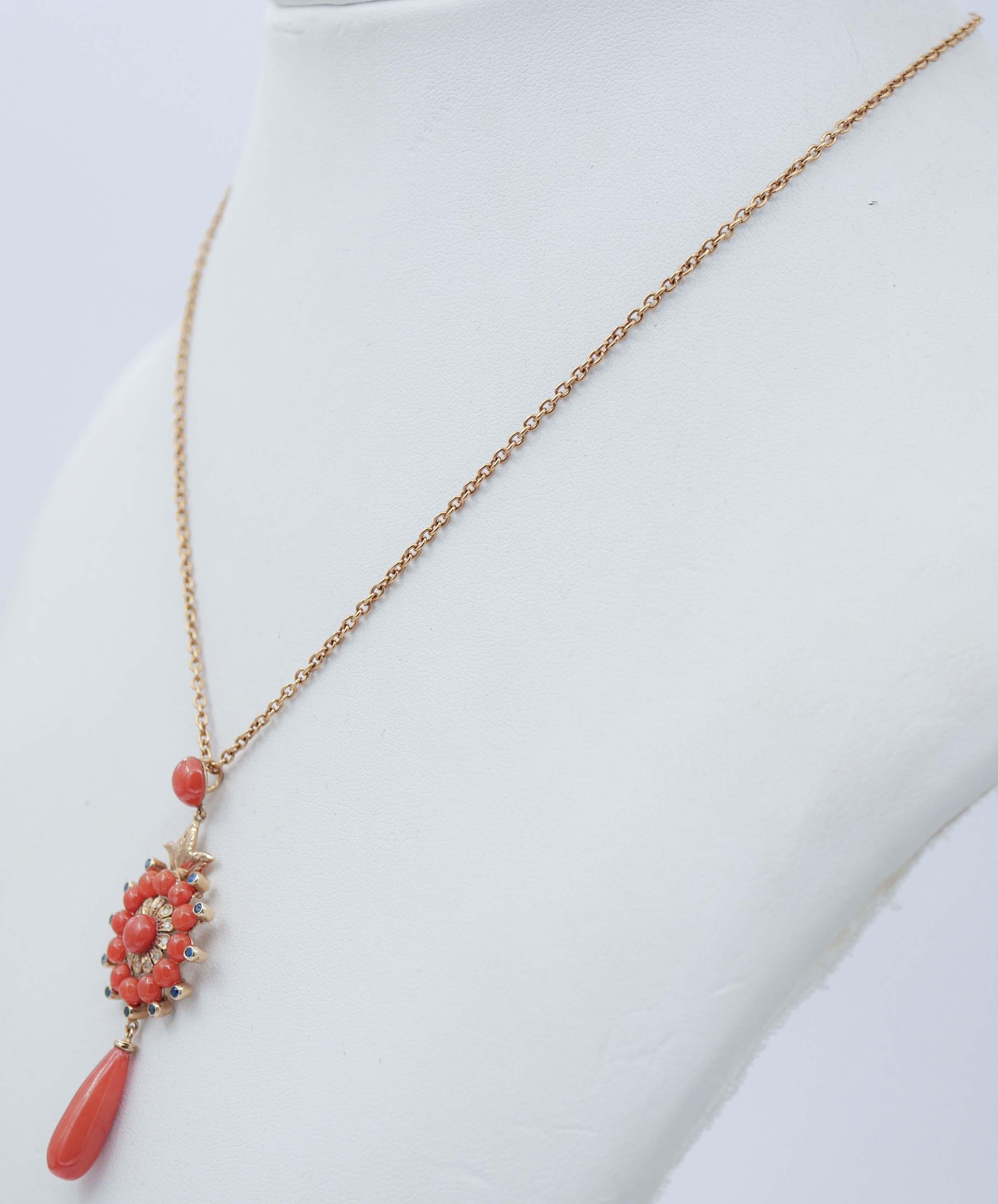 Retro Coral, Sapphires, Diamonds, 14 Karat Rose Gold Pendant Necklace For Sale