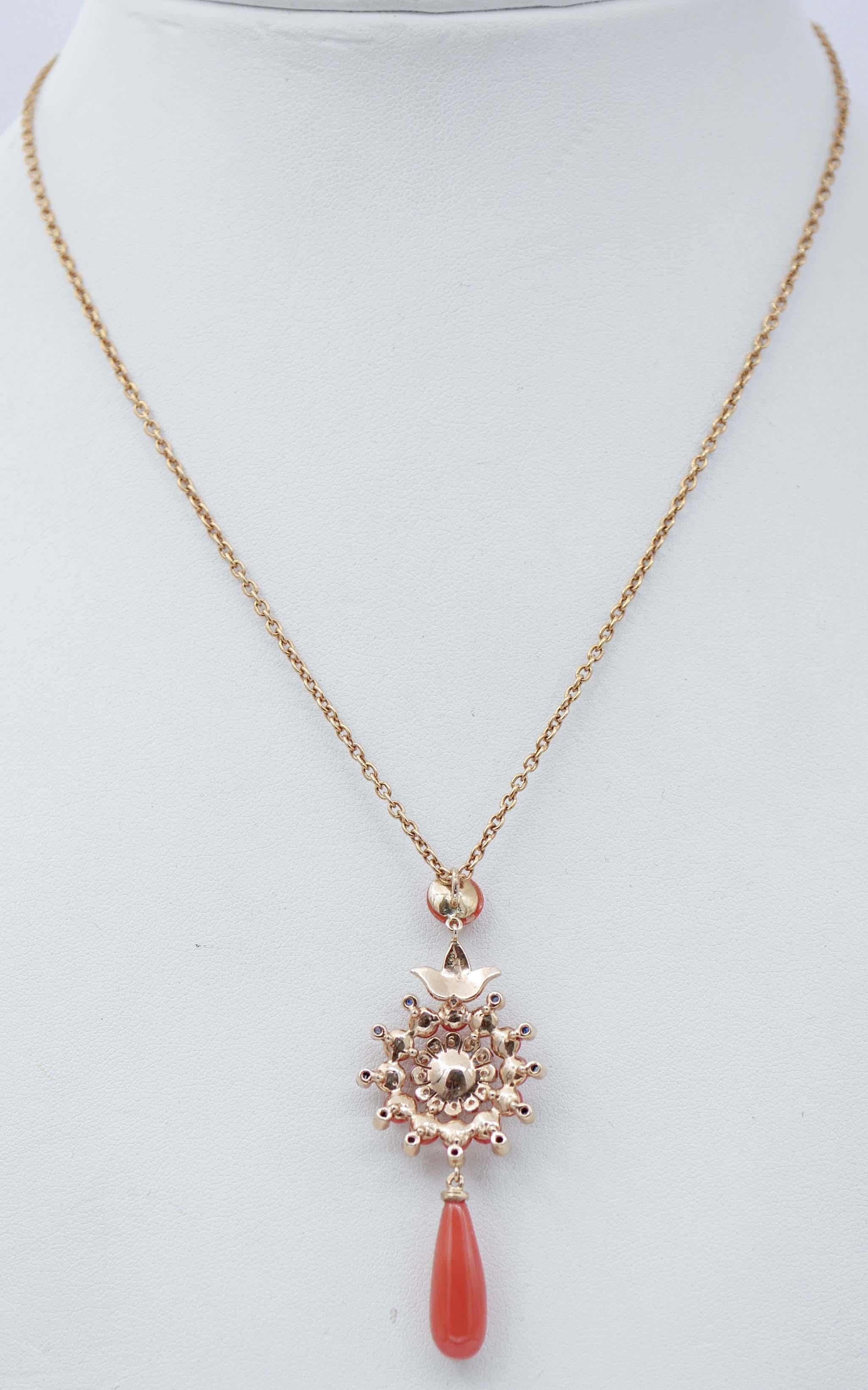 Mixed Cut Coral, Sapphires, Diamonds, 14 Karat Rose Gold Pendant Necklace For Sale