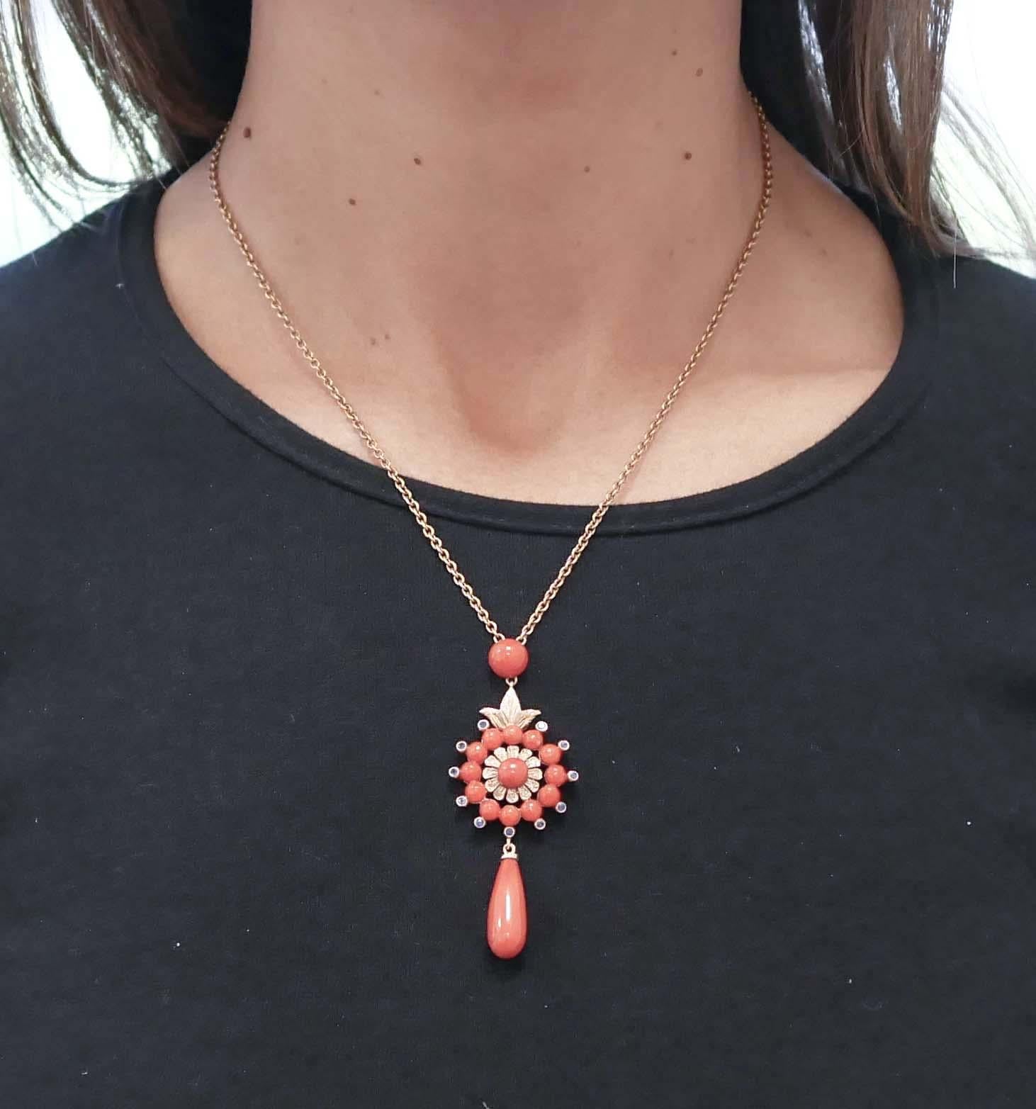 Women's Coral, Sapphires, Diamonds, 14 Karat Rose Gold Pendant Necklace For Sale