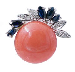 Coral, Sapphires, Diamonds, 14 Karat White and Rose Gold Earrings