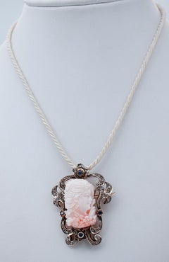 Coral, Sapphires, Diamonds, 14Karat Rose Gold and Silver Brooch/Pendant Necklace
