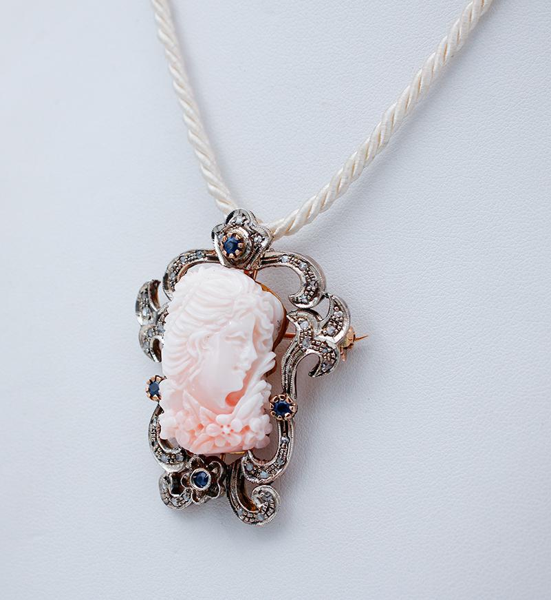 Retro Coral, Sapphires, Diamonds, 14Karat Rose Gold and Silver Brooch/Pendant Necklace For Sale