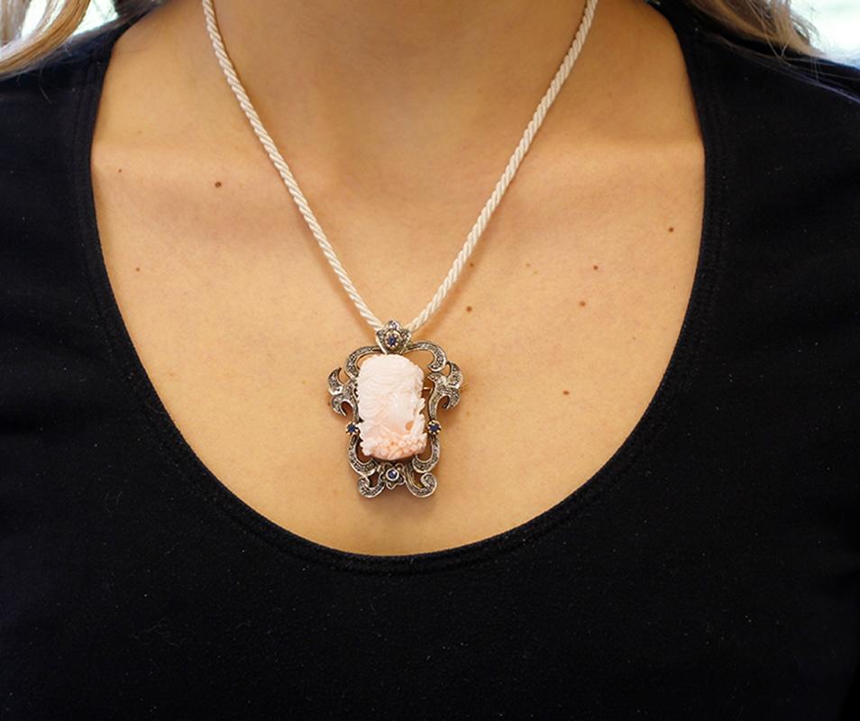 Coral, Sapphires, Diamonds, 14Karat Rose Gold and Silver Brooch/Pendant Necklace For Sale 1