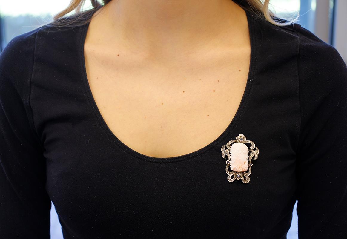 Coral, Sapphires, Diamonds, 14Karat Rose Gold and Silver Brooch/Pendant Necklace For Sale 2