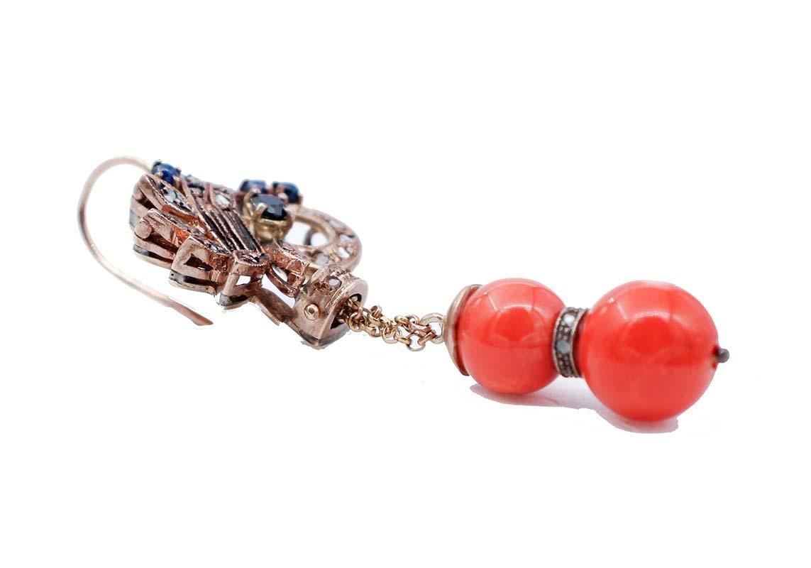 Retro Coral, Sapphires, Diamonds, 9 Karat Rose Gold and Silver Dangle Earrings For Sale