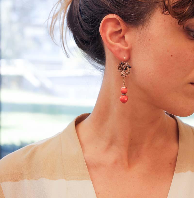 Mixed Cut Coral, Sapphires, Diamonds, 9 Karat Rose Gold and Silver Dangle Earrings For Sale