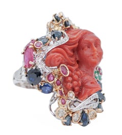 Coral, Sapphires, Rubies, Emeralds, Diamonds, 14 Karat White and Rose Gold Ring