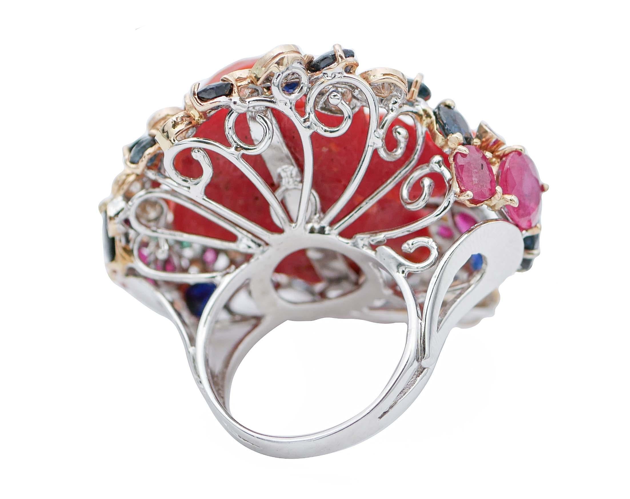 Retro Coral, Sapphires, Rubies, Emeralds, Diamonds, 14 Karat White and Rose Gold Ring For Sale