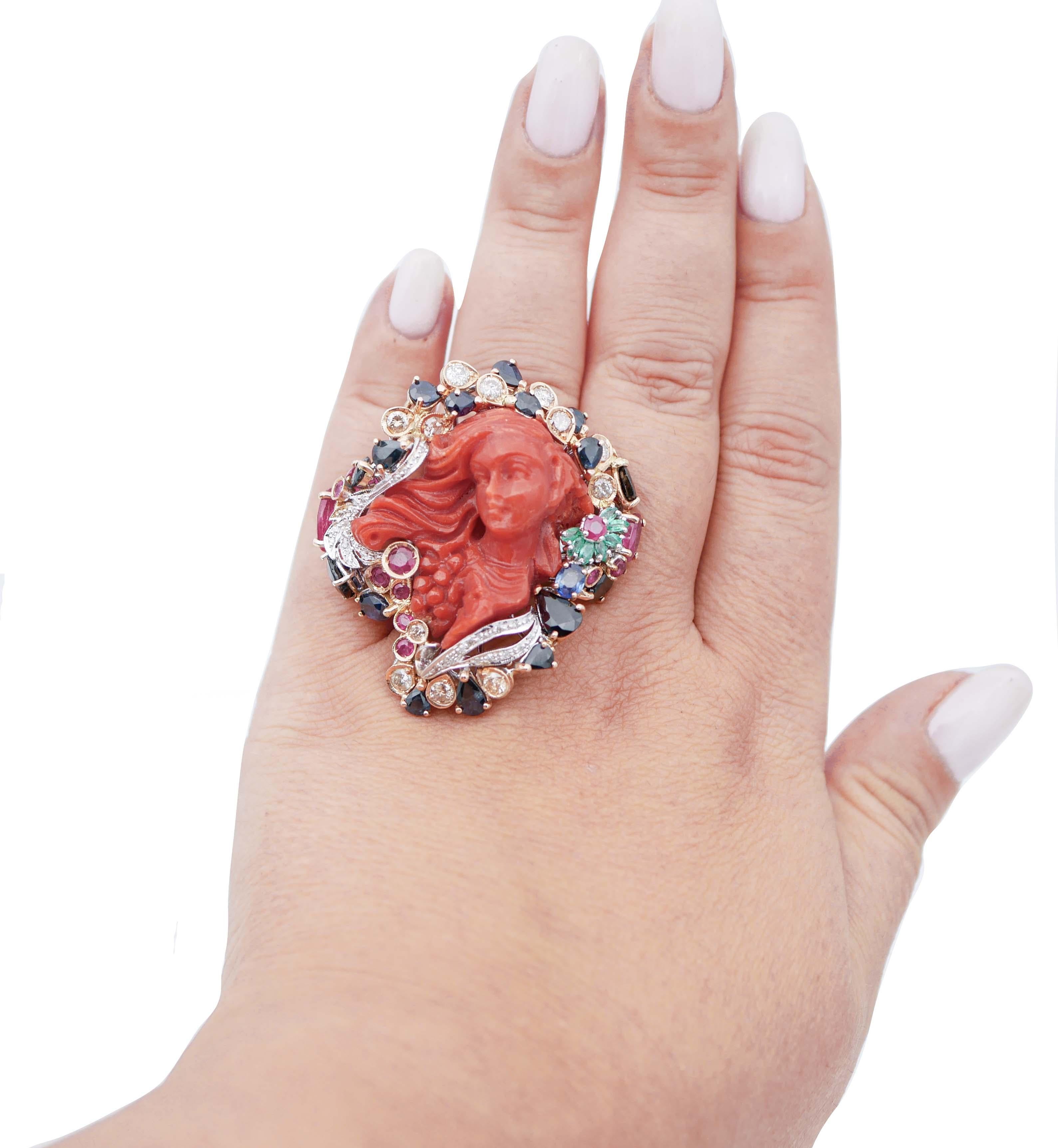 Mixed Cut Coral, Sapphires, Rubies, Emeralds, Diamonds, 14 Karat White and Rose Gold Ring For Sale