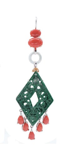 Corals, Green Stones, White Stones, Diamonds, 14 Kt White and Rose Gold Earrings